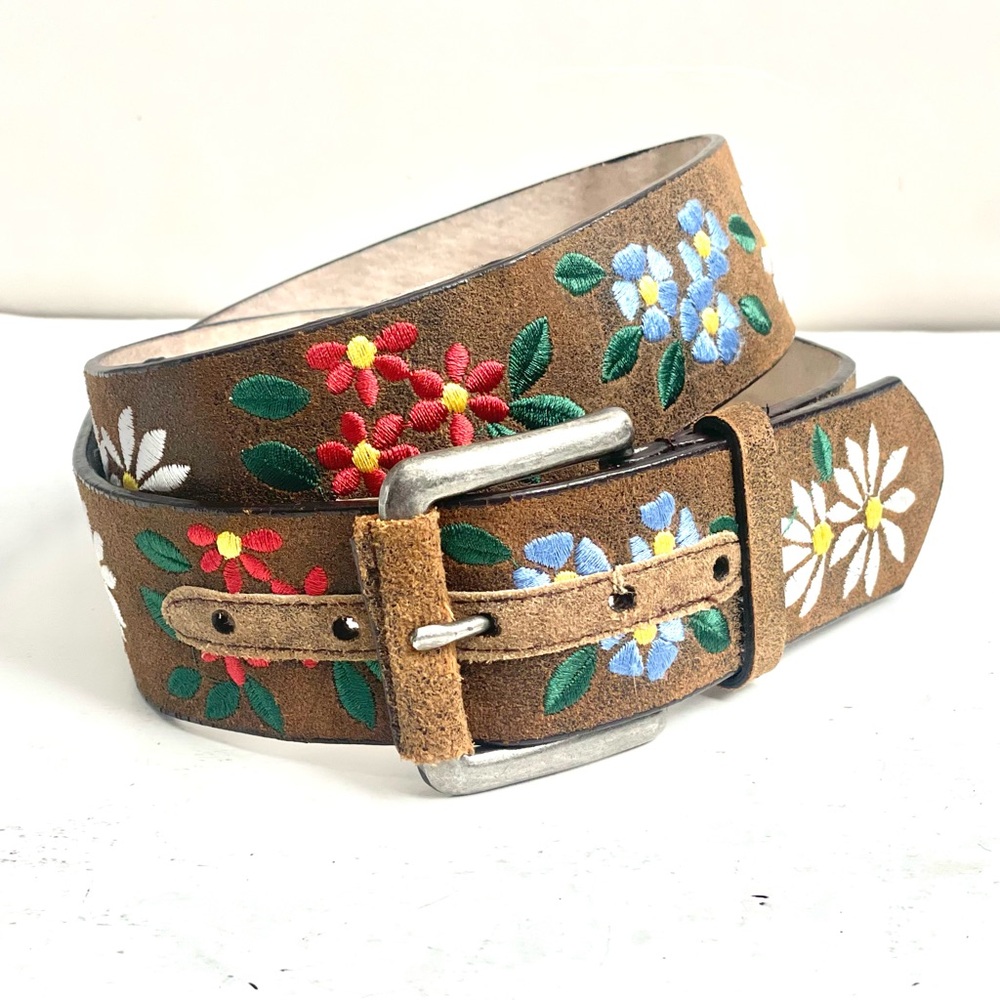Brown Suede Floral Embroidered Belt with Silver Buckle - Picture 5 of 12